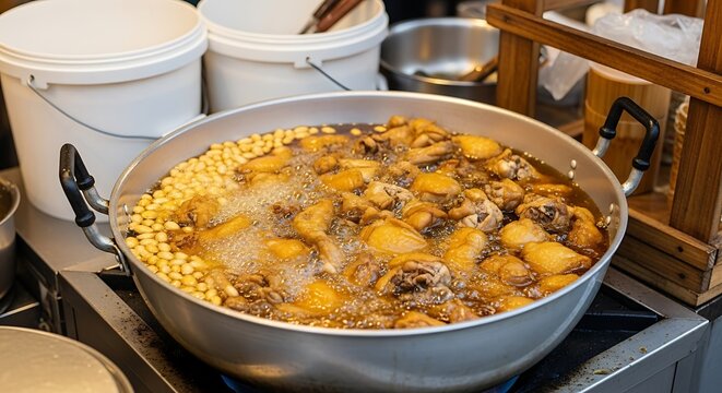 Chicken pieces and something else frying in large pan, bubbling oil, close-up