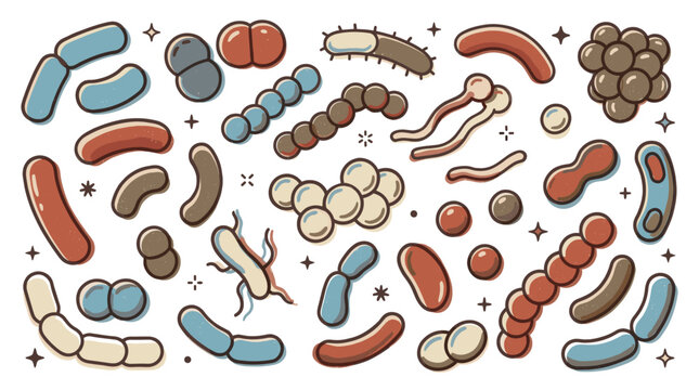 Diverse cartoon bacteria and microbes in various shapes and colors are scattered across a clean white background