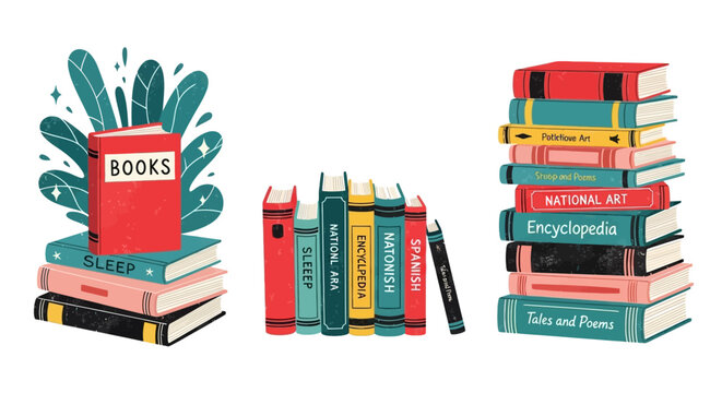Hand-drawn book collection vector, colorful stack of books and library shelf set, educational encyclopedia and literature illustrations for reading