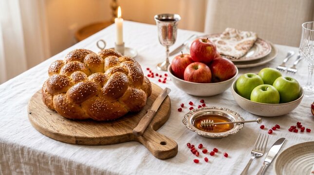 Rosh hashanah table setting with challah bread, apples, and honey
