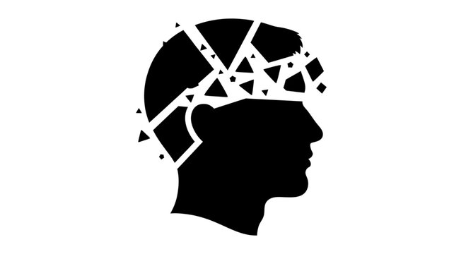 Human head profile silhouette with a shattering crown represents cognitive decline, complex psychological states, mental exhaustion, or the fragility of human thoughts.