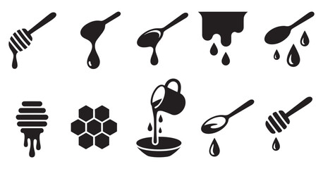 Honey dripping icon set, black vector dipper spoon honeycomb drops liquid flow food concept illustration © vision Alamin vai A