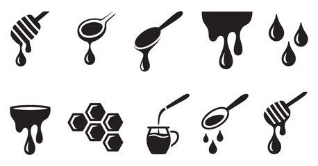 Honey dripping icon set, black vector honey dipper spoon honeycomb and drop symbols isolated illustration © vision Alamin vai A
