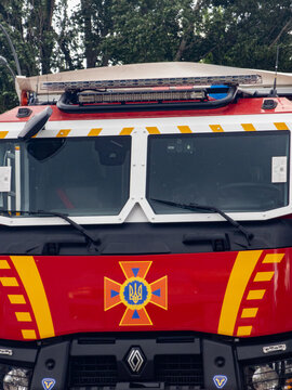 Ukraine, Kyiv - May 27, 2026:Front View of Ukrainian State Emergency Service (DSNS) Armored Rescue Vehicle with Emblem