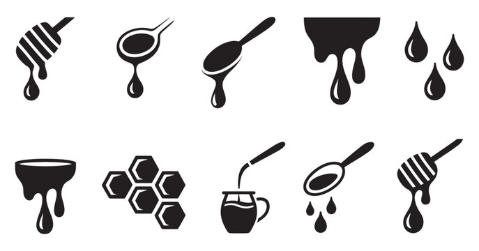 Honey dripping icon set, black vector honey dipper spoon honeycomb and drop symbols isolated illustration