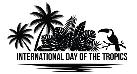 Obraz premium Tropical foliage and toucan silhouette with text on white background