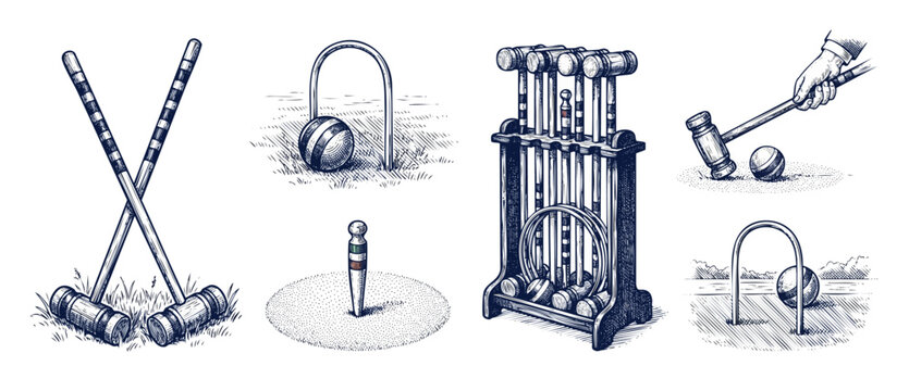 Vintage croquet set illustration elements featuring wooden mallets, balls, wicket hoops, peg, and storage rack in classic hand-drawn engraving style for retro garden lawn sports design projects.