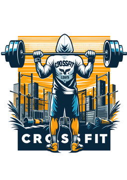 Hooded crossfit athlete lifting barbell urban city gym vector