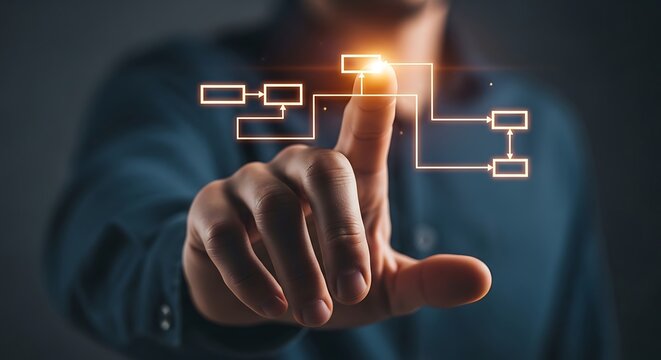 Close-up of a hand pointing to an illuminated flowchart, suggesting concepts, process, and strategy