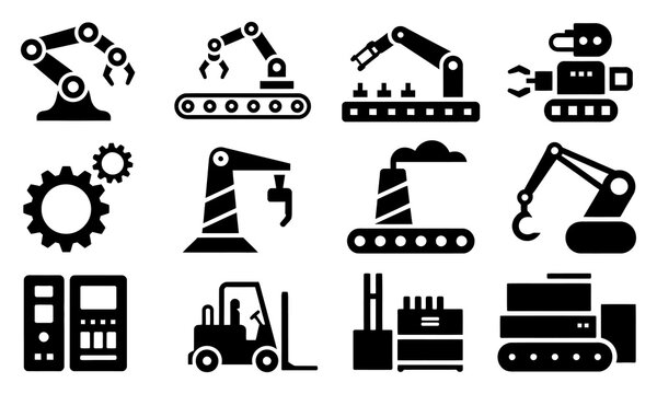 Collection of industrial automation robot arms conveyor belts and factory machinery icons representing manufacturing and production processes .silhouette degin