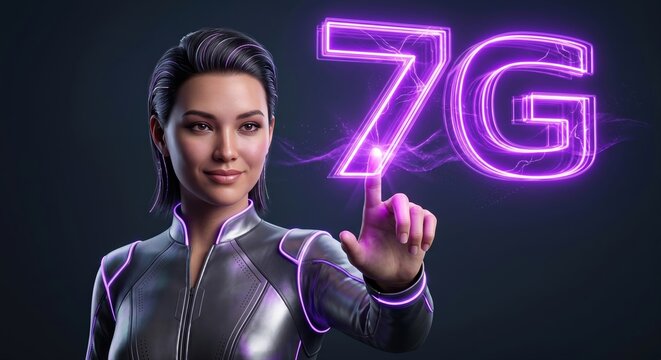 Futuristic woman with short dark hair touches a glowing purple 7G sign, wearing a sleek metallic suit, against a dark background with subtle light effects