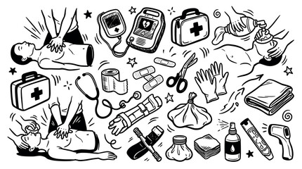 Obraz premium Various first aid and emergency medical equipment are depicted in a hand-drawn doodle style on a clean white background