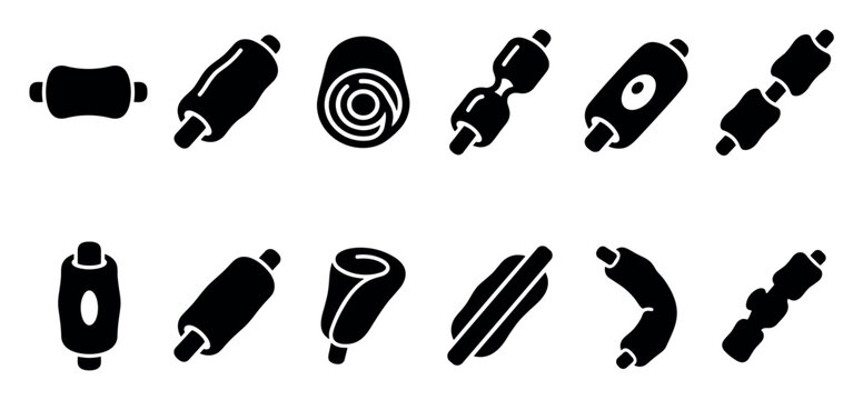 Collection of twelve diverse black sausage and meat roll glyph icons arranged neatly on a clean white background