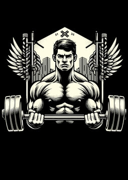 Winged warrior bodybuilder lifting heavy barbell fitness mascot vector