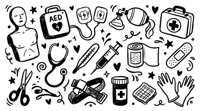 Various hand-drawn medical and first aid equipment, including an AED, stethoscope, and bandages, arranged on a clean white background