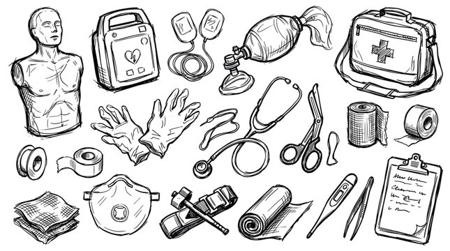 Various hand-drawn medical and first aid equipment, including a defibrillator, stethoscope, and bandages, on a clean white background
