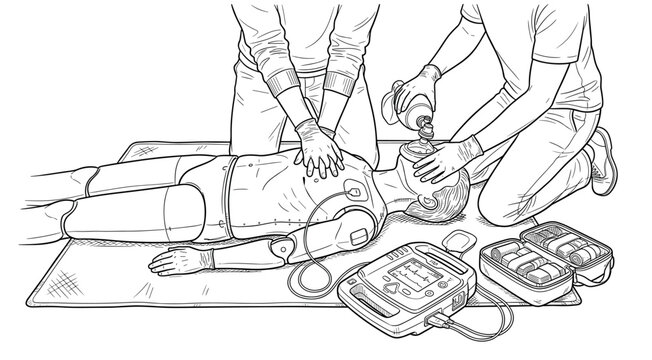 Two people perform CPR and use an AED on a medical training dummy in a detailed line art illustration