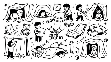 Fototapeta premium Adorable children building blanket forts and playing with pillows, creating a cozy and imaginative indoor adventure
