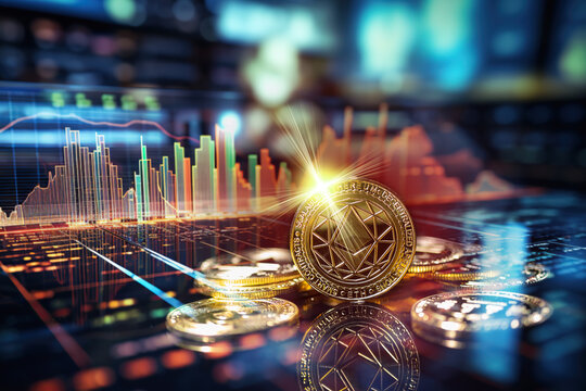  Criptomoneda ETHEREUM (ETH) Moneda de oro Ethereum en los gr&aacute;ficos comerciales en segundo plano. Tecnolog&iacute;a e inversi&oacute;n en criptomonedas.
