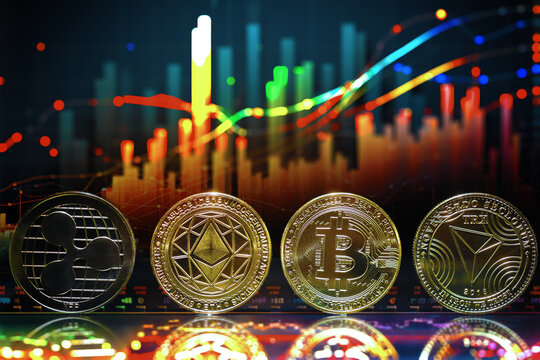  Criptomonedas y tecnolog&iacute;a.Monedas de oro Bitcoin،Ethereum, XRP y TRX en un contexto de gr&aacute;ficos burs&aacute;tiles abstractos y futuristas. Concepto de finanzas e inversi&oacute;n.