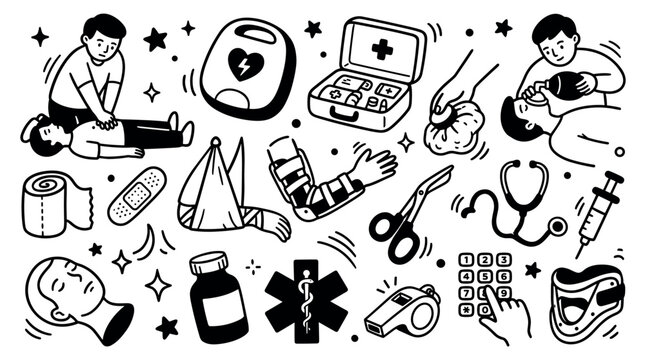 Comprehensive collection of hand-drawn first aid and emergency medical icons, featuring CPR, AED, bandages, and medical tools on a white background