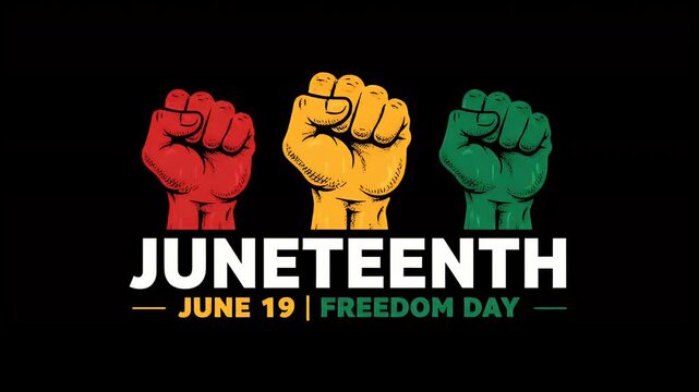 Juneteenth raised fists illustration with freedom day text on a solid black background
