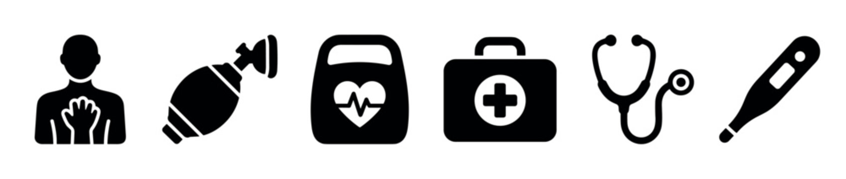 Collection of black medical icons including a person with chest pain, an ambu bag, a defibrillator, a first aid kit, a stethoscope, and a thermometer, isolated on a white background