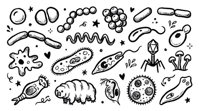 Various hand-drawn black and white microorganisms and bacteria are scattered across a clean white background, creating a playful scientific illustration