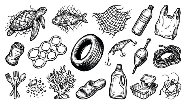 Various hand-drawn ocean pollution elements including plastic bottles, fishing nets, and a turtle tangled in debris, isolated on a white background
