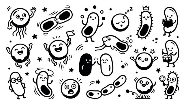 Cute cartoon bacteria and microbe characters in various poses and expressions, forming a fun doodle pattern on a clean white background