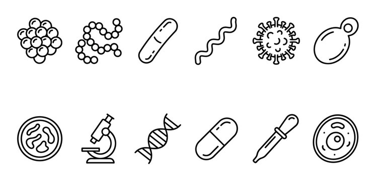 Various black outline microbiology icons are neatly arranged on a clean white background, depicting diverse microorganisms and laboratory tools