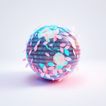 Globe covered in binary code, pink petals falling. Digital world meets nature, vibrant colors, soft lighting. Futuristic concept.