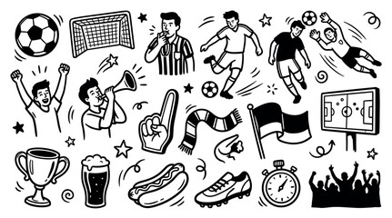 Obraz premium Various hand-drawn soccer and football elements are scattered across a clean white background, creating a dynamic sports-themed doodle pattern