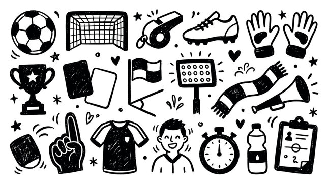 Various hand-drawn soccer-themed doodles and icons are scattered across a clean white background, creating a playful sports pattern