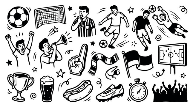 Various hand-drawn soccer and football elements are scattered across a clean white background, creating a dynamic sports-themed doodle pattern