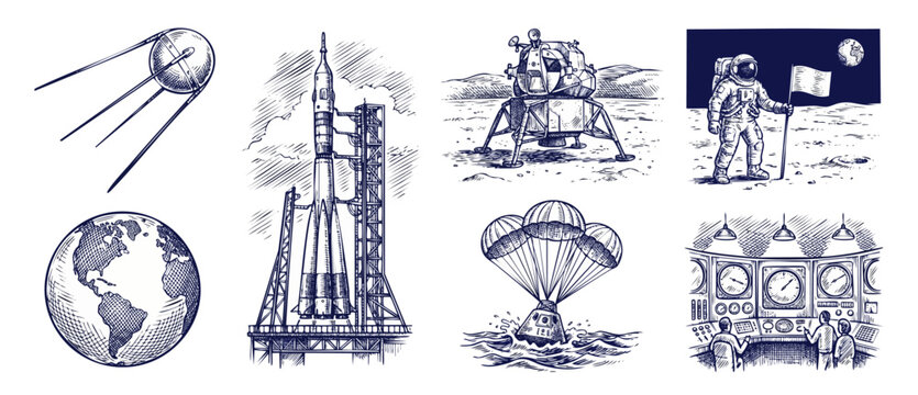 Space exploration sketch set astronaut on moon rocket satellite earth globe lander capsule control room illustration in vintage blue ink engraving style for historical technology design concept.