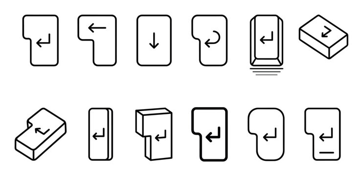 Collection of various black outline enter key icons with different arrow styles and perspectives on a clean white background