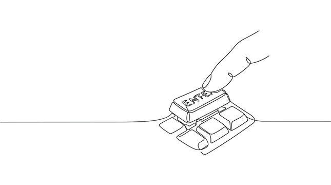Single continuous line drawing of a finger pressing the "Enter" key on a keyboard, depicted with a minimalist aesthetic on a clean white background