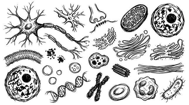 Various hand-drawn black and white biological cells and organelles are scattered across a clean white background, illustrating fundamental life structures