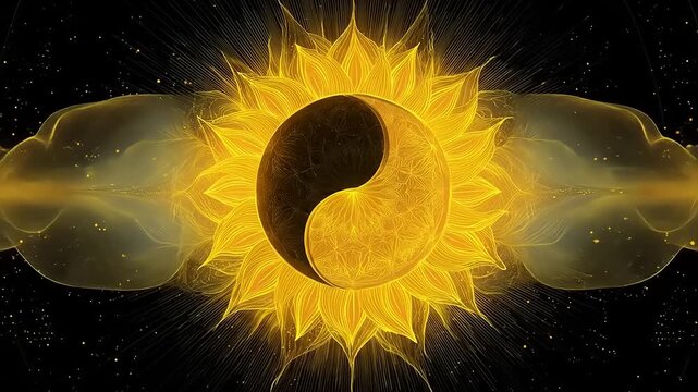 Luminous celestial body featuring duality symbol radiating energy against dark cosmos