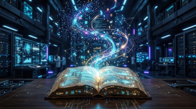 Magical Book Unleashing Cosmic Energy in Futuristic Data Center.