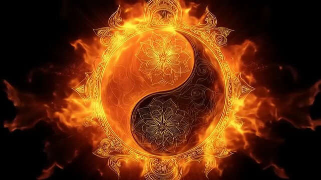 Ornate circular symbol resembling yin yang engulfed in bright, energetic flames