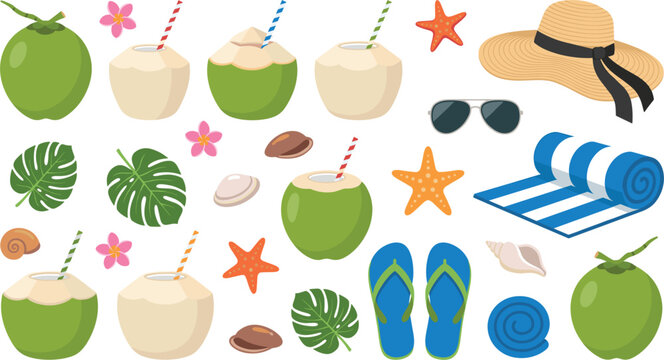 Orange Summer Cocktail Vector Element Set with Fresh Lime Slices, Ice Cubes, Drink Straws, Water Splashes, and Coasters for Bar Menus
