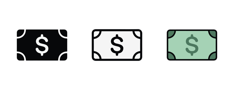 dollar bill icon each featuring a dollar sign prominently displayed in the center isolated on a white background for versatile design applications