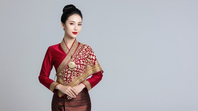 Elegant Laotian Woman in Traditional Attire: A poised Laotian woman with her hair elegantly styled in a bun, adorned in a richly patterned red and gold silk sinh and silk scarf.