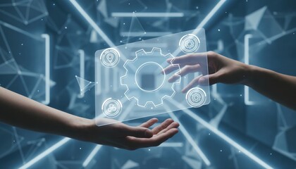 Obraz premium Digital Collaboration: Two hands reach across a futuristic interface, exchanging a glowing digital gear symbol.