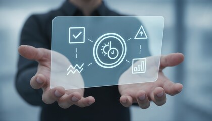 Obraz premium Business Workflow Hologram: A person's hands hold a translucent holographic display showing a business workflow diagram with icons for tasks, progress, and data.