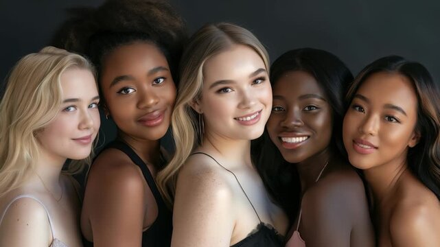 A group of five smiling, radiant, young women stand close together, showcasing diversity in their skin tones, hair types, and features against a dark backdrop, promoting unity and beauty.