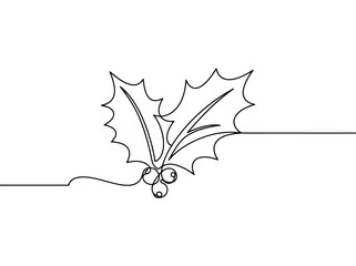 Fototapeta premium Single line drawing of holly leaves and berries symbolizing winter and christmas cheer