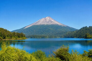 Volcano rising above calm blue lake surrounded by lush green forest under clear sky, peaceful wilderness landscape in Patagonia © Studio